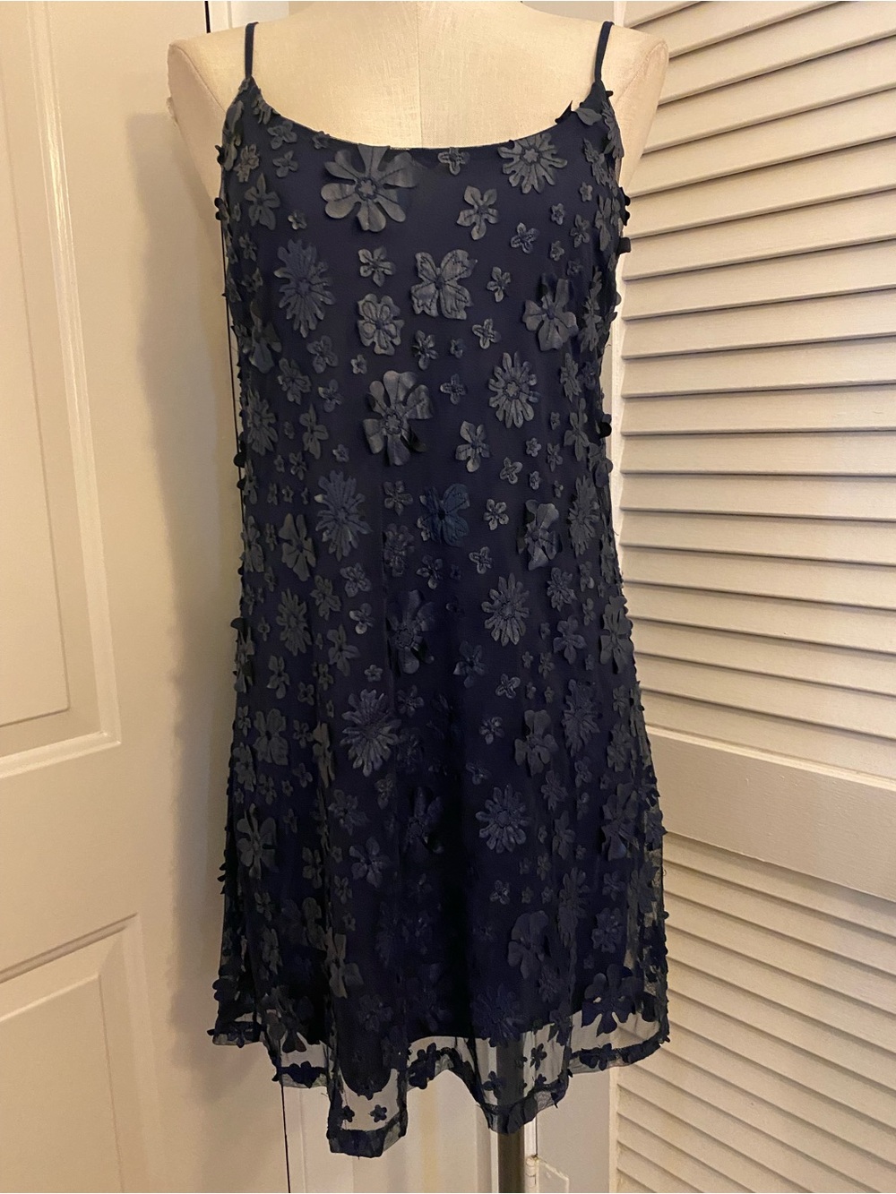 “Moon Collection” Navy Floral Appliqué Spaghetti-Strap Mini Dress- Size Medium